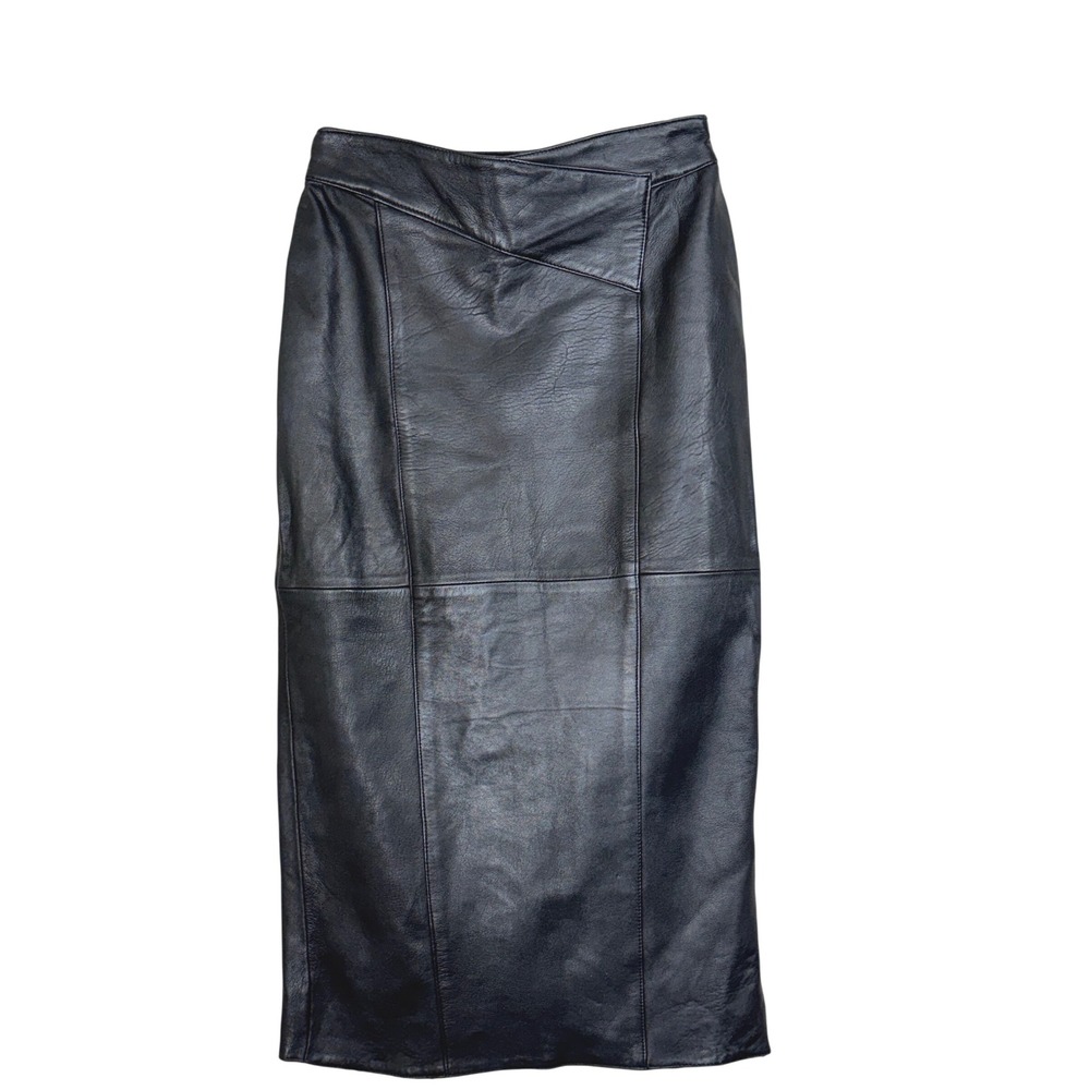 Suzelle Vintage 80s Black Leather Midi Skirt Asymmetrical Waist High Rise 16
